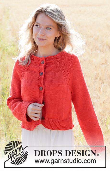 Red Sunrise Cardigan / DROPS 248-9 - Knitted jacket in DROPS Daisy. The piece is worked top down with raglan, relief-pattern, split in sides and I-cord. Sizes S - XXXL.