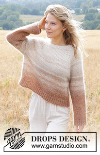 Falling Sand / DROPS 249-1 - Gebreide trui in 4 draden DROPS Kid-Silk. Het werk wordt van boven naar beneden gebreid met raglan en strepen. Maten S - XXXL.
