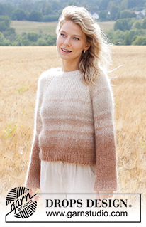 Falling Sand / DROPS 249-1 - Gebreide trui in 4 draden DROPS Kid-Silk. Het werk wordt van boven naar beneden gebreid met raglan en strepen. Maten S - XXXL.
