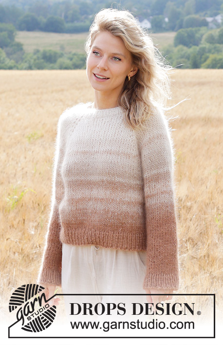 Falling Sand / DROPS 249-1 - Gebreide trui in 4 draden DROPS Kid-Silk. Het werk wordt van boven naar beneden gebreid met raglan en strepen. Maten S - XXXL.