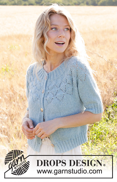 Blueberry Leaf Cardigan / DROPS 249-10 - Knitted jacket in DROPS Sky or DROPS Merino Extra Fine. Piece is knitted top down with round yoke, lace pattern, I-cord and short sleeves.
Size: S - XXXL 
