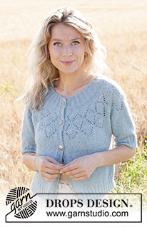 Blueberry Leaf Cardigan / DROPS 249-10 - Knitted jacket in DROPS Sky or DROPS Merino Extra Fine. Piece is knitted top down with round yoke, lace pattern, I-cord and short sleeves.
Size: S - XXXL 
