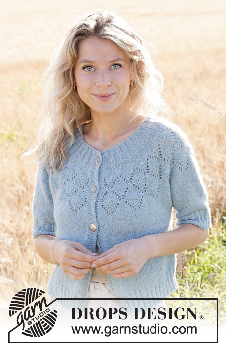 Blueberry Leaf Cardigan / DROPS 249-10 - Knitted jacket in DROPS Sky or DROPS Merino Extra Fine. Piece is knitted top down with round yoke, lace pattern, I-cord and short sleeves.
Size: S - XXXL 
