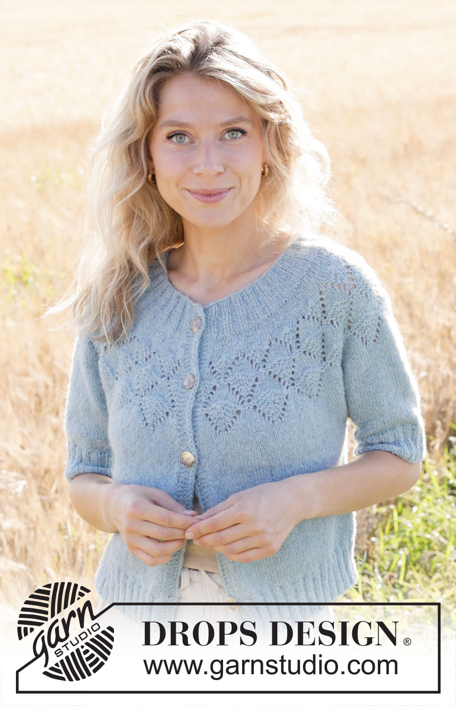 Blueberry Leaf Cardigan / DROPS 249-10 - Knitted jacket in DROPS Sky or DROPS Merino Extra Fine. Piece is knitted top down with round yoke, lace pattern, I-cord and short sleeves.
Size: S - XXXL 
