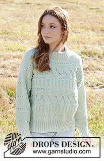 Mint Romance / DROPS 249-12 - Strikket genser i DROPS Daisy. Arbeidet strikkes ovenfra og ned med skrå skulder / europeisk skulder, hullmønster, dobbel halskant og splitt i sidene. Størrelse S - XXXL.