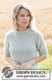 Fresh Mint Tea / DROPS 249-13 - Strikket bluse i DROPS Alpaca og DROPS Kid-Silk eller DROPS BabyMerino og DROPS Kid-Silk. Arbejdet strikkes oppefra og ned med dobbelt halskant, raglan, hulmønster og korte ærmer. Størrelse S - XXXL.
