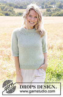 Fresh Mint Tea / DROPS 249-13 - Strikket bluse i DROPS Alpaca og DROPS Kid-Silk eller DROPS BabyMerino og DROPS Kid-Silk. Arbejdet strikkes oppefra og ned med dobbelt halskant, raglan, hulmønster og korte ærmer. Størrelse S - XXXL.