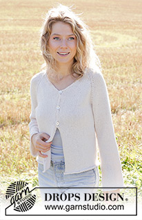 Morning Moon Cardigan / DROPS 249-16 - Chaqueta de punto en DROPS Belle. La pieza está tejida de arriba hacia abajo con punto jersey, raglán, escote en V y orillas enrolladas. Tallas S – XXXL.