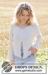 Morning Moon Cardigan / DROPS 249-16 - Chaqueta de punto en DROPS Belle. La pieza está tejida de arriba hacia abajo con punto jersey, raglán, escote en V y orillas enrolladas. Tallas S – XXXL.