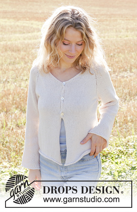 Morning Moon Cardigan / DROPS 249-16 - Chaqueta de punto en DROPS Belle. La pieza está tejida de arriba hacia abajo con punto jersey, raglán, escote en V y orillas enrolladas. Tallas S – XXXL.