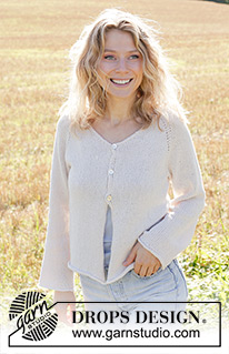 Morning Moon Cardigan / DROPS 249-16 - Chaqueta de punto en DROPS Belle. La pieza está tejida de arriba hacia abajo con punto jersey, raglán, escote en V y orillas enrolladas. Tallas S – XXXL.