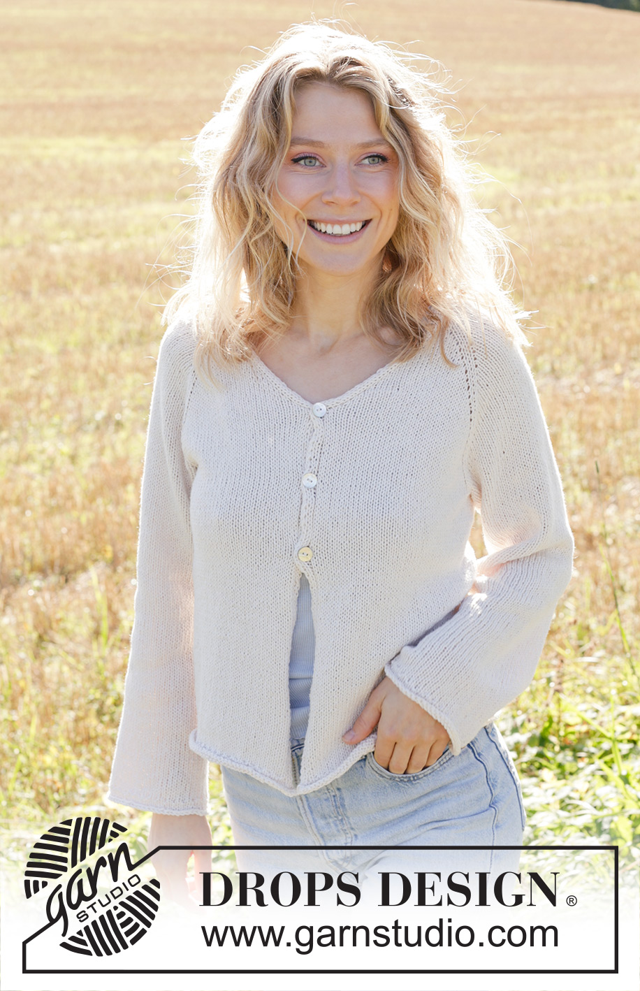 Morning Moon Cardigan / DROPS 249-16 - Chaqueta de punto en DROPS Belle. La pieza está tejida de arriba hacia abajo con punto jersey, raglán, escote en V y orillas enrolladas. Tallas S – XXXL.