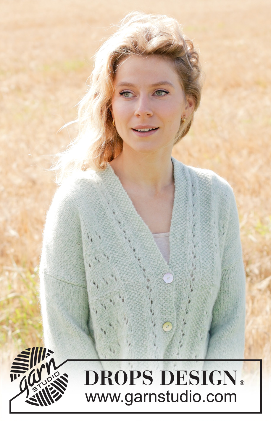 Mint to Be Cardigan / DROPS 249-17 - DROPS Air lõngast alt üles kootud pitsmustriga ja pärlkoes, diagonaalsete õlgadega, sallkraega ja otsapandud varrukatega kardigan suurustele S kuni XXXL