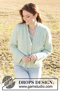 Mint to Be Cardigan / DROPS 249-17 - DROPS Air lõngast alt üles kootud pitsmustriga ja pärlkoes, diagonaalsete õlgadega, sallkraega ja otsapandud varrukatega kardigan suurustele S kuni XXXL