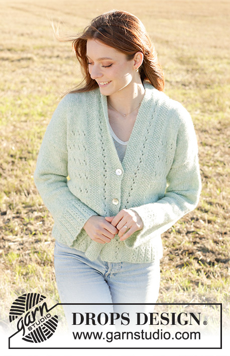 Mint to Be Cardigan / DROPS 249-17 - DROPS Air lõngast alt üles kootud pitsmustriga ja pärlkoes, diagonaalsete õlgadega, sallkraega ja otsapandud varrukatega kardigan suurustele S kuni XXXL