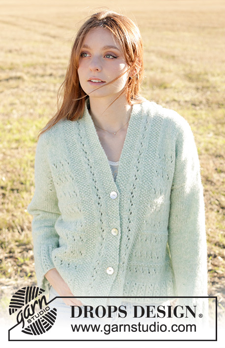 Mint to Be Cardigan / DROPS 249-17 - DROPS Air lõngast alt üles kootud pitsmustriga ja pärlkoes, diagonaalsete õlgadega, sallkraega ja otsapandud varrukatega kardigan suurustele S kuni XXXL