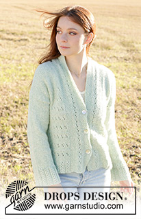 Mint to Be Cardigan / DROPS 249-17 - DROPS Air lõngast alt üles kootud pitsmustriga ja pärlkoes, diagonaalsete õlgadega, sallkraega ja otsapandud varrukatega kardigan suurustele S kuni XXXL