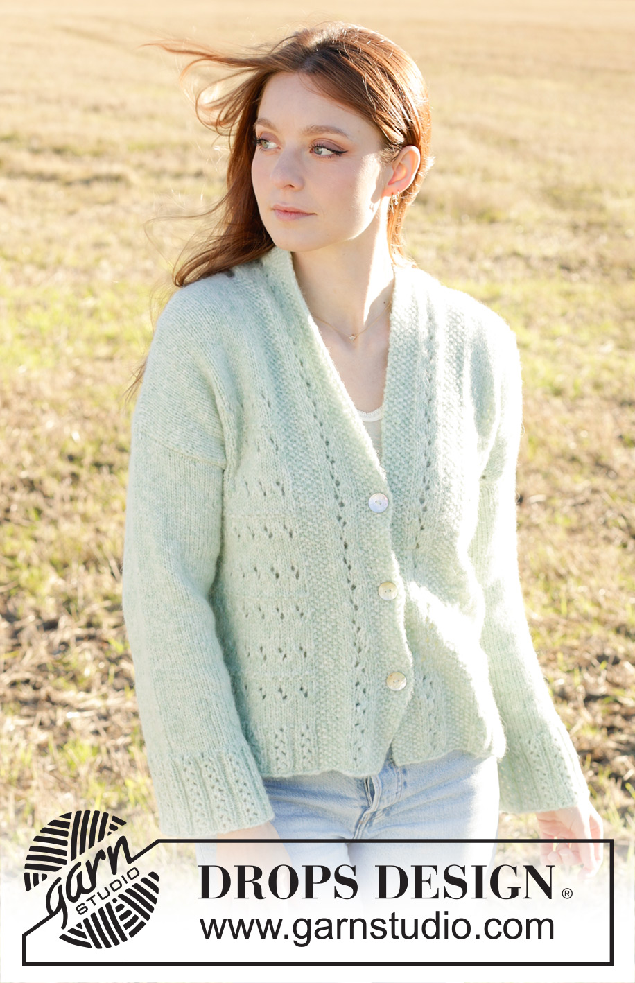 Mint to Be Cardigan / DROPS 249-17 - DROPS Air lõngast alt üles kootud pitsmustriga ja pärlkoes, diagonaalsete õlgadega, sallkraega ja otsapandud varrukatega kardigan suurustele S kuni XXXL