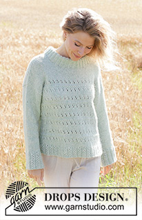 Mint to Be Sweater / DROPS 249-18 - Strikket bluse i DROPS Air. Arbejdet strikkes nedefra og op med hulmønster, skrå skulder, dobbelt halskant og isyede ærmer. Størrelse S - XXXL.