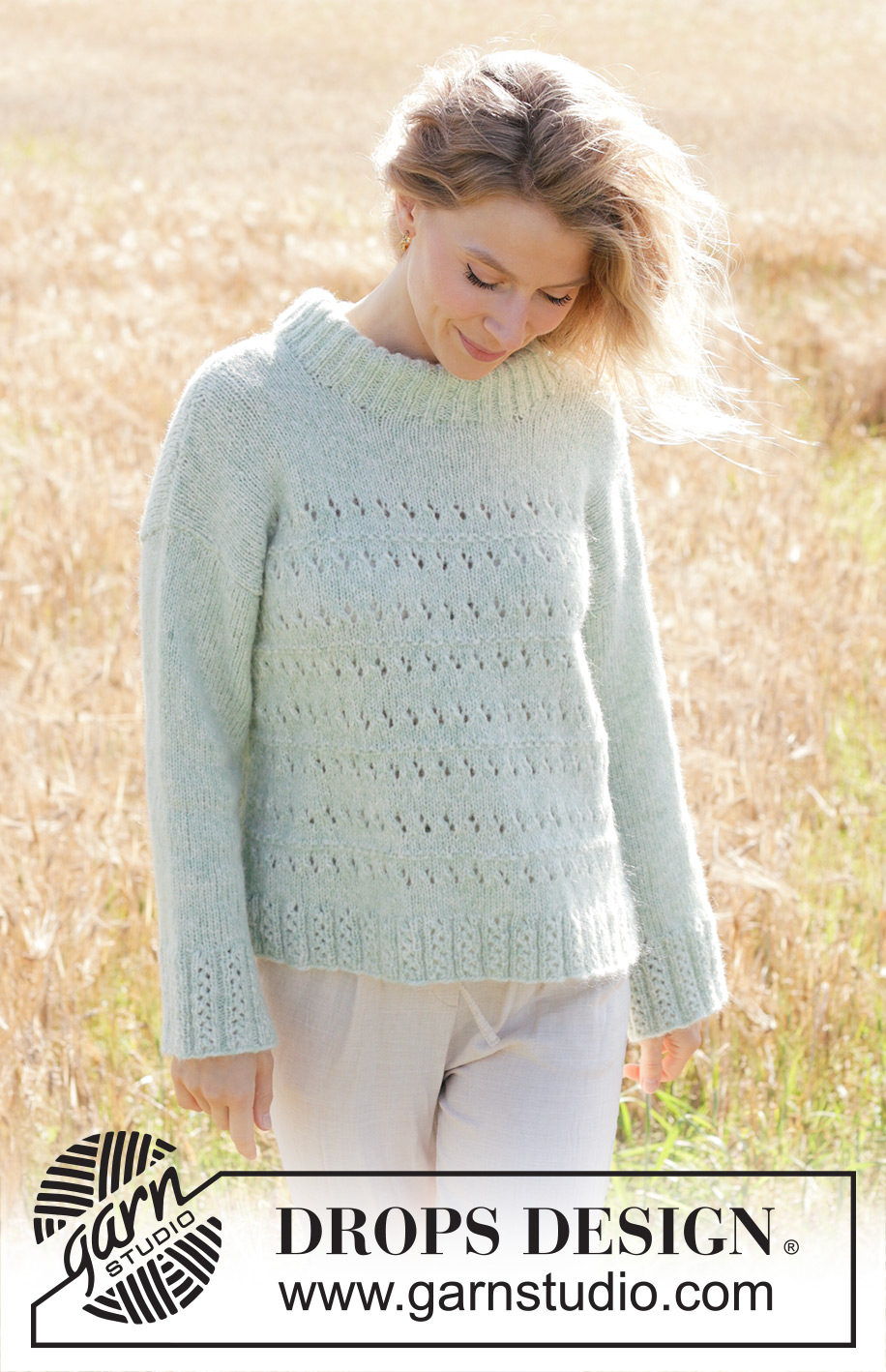 Mint to Be Sweater / DROPS 249-18 - Strikket bluse i DROPS Air. Arbejdet strikkes nedefra og op med hulmønster, skrå skulder, dobbelt halskant og isyede ærmer. Størrelse S - XXXL.