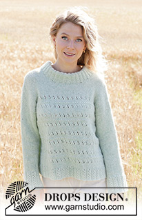 Mint to Be Sweater / DROPS 249-18 - Strikket bluse i DROPS Air. Arbejdet strikkes nedefra og op med hulmønster, skrå skulder, dobbelt halskant og isyede ærmer. Størrelse S - XXXL.