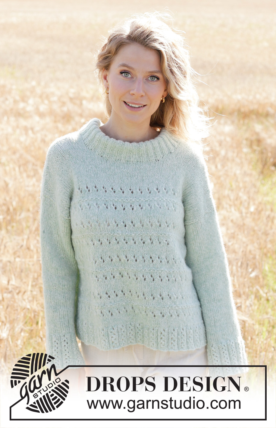 Mint to Be Sweater / DROPS 249-18 - Strikket bluse i DROPS Air. Arbejdet strikkes nedefra og op med hulmønster, skrå skulder, dobbelt halskant og isyede ærmer. Størrelse S - XXXL.