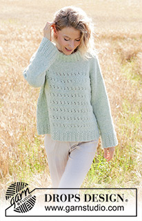 Mint to Be Sweater / DROPS 249-18 - Strikket bluse i DROPS Air. Arbejdet strikkes nedefra og op med hulmønster, skrå skulder, dobbelt halskant og isyede ærmer. Størrelse S - XXXL.