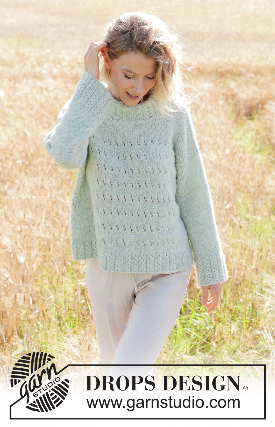 Mint to Be Sweater / DROPS 249-18 - Strikket bluse i DROPS Air. Arbejdet strikkes nedefra og op med hulmønster, skrå skulder, dobbelt halskant og isyede ærmer. Størrelse S - XXXL.