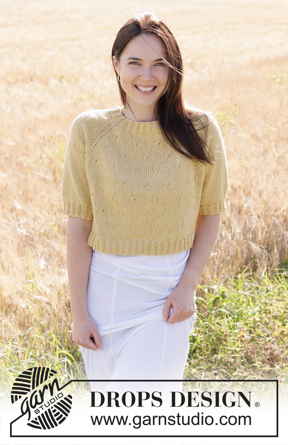 Dandelion Heart / DROPS 249-19 - Knitted short-sleeved jumper in DROPS Belle. The piece is worked top down with raglan and relief-pattern. Sizes S - XXXL.