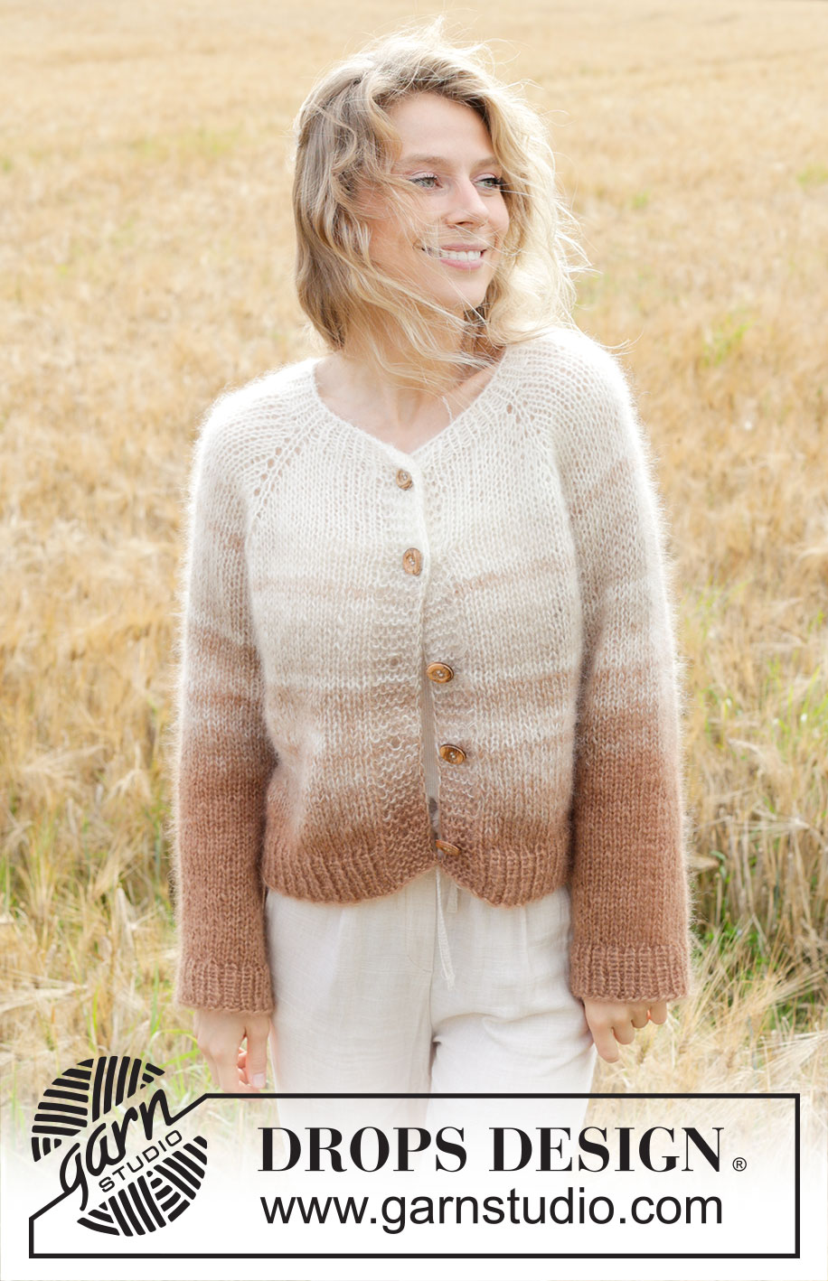 Falling Sand Cardigan / DROPS 249-2 - 4 DROPS Kid-Silk lõngaga ülevalt alla kootud raglaanvarrukatega ja triipudega kardigan suurustele S kuni XXXL
