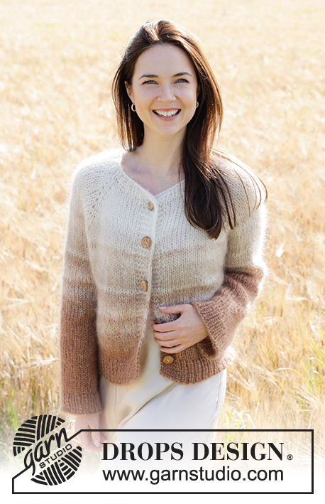Falling Sand Cardigan / DROPS 249-2 - 4 DROPS Kid-Silk lõngaga ülevalt alla kootud raglaanvarrukatega ja triipudega kardigan suurustele S kuni XXXL