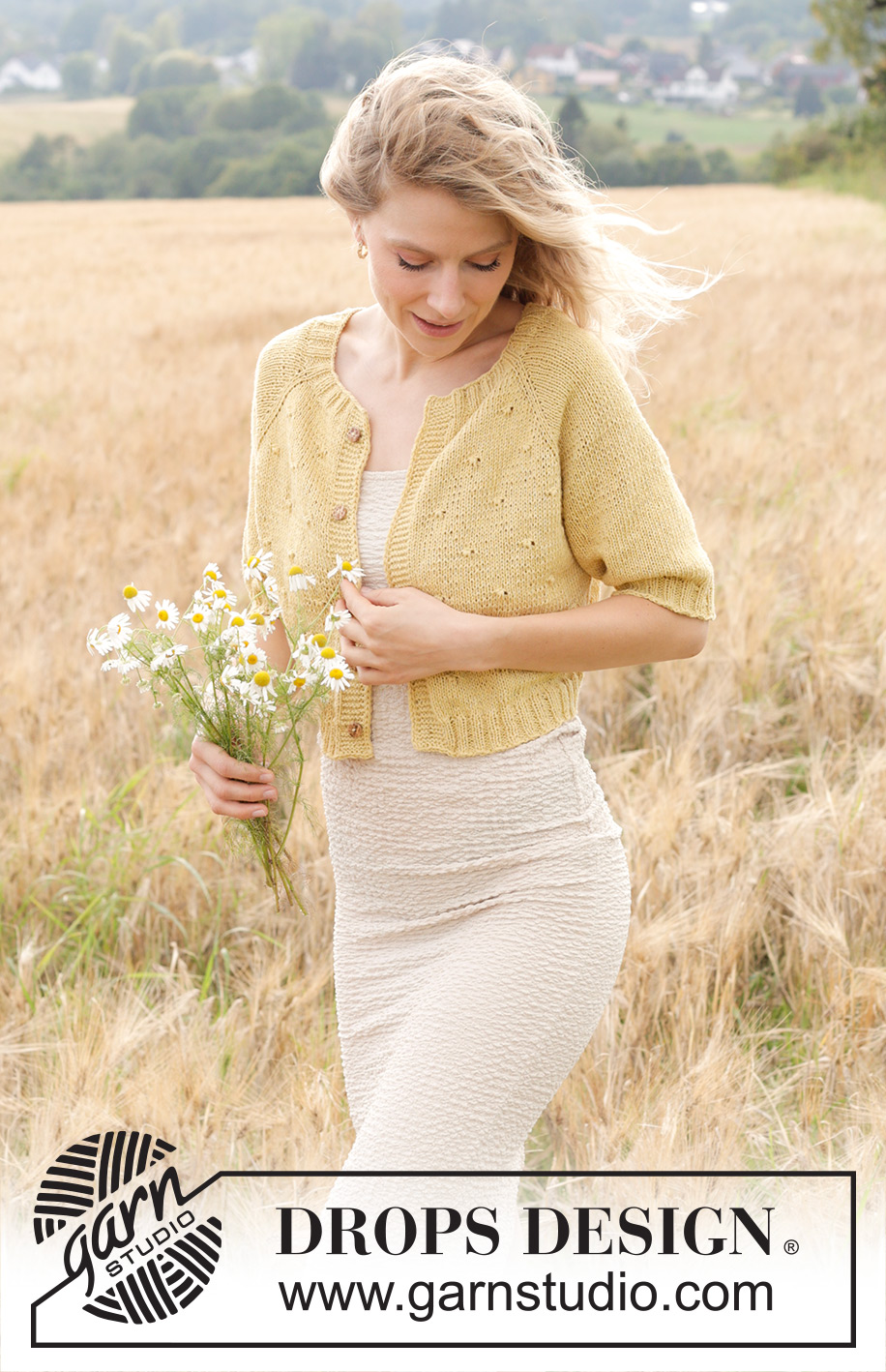 Dandelion Heart Cardigan / DROPS 249-20 - Knitted short-sleeved jacket in DROPS Belle. The piece is worked top down with raglan, relief-pattern and I-cord. Sizes S - XXXL.