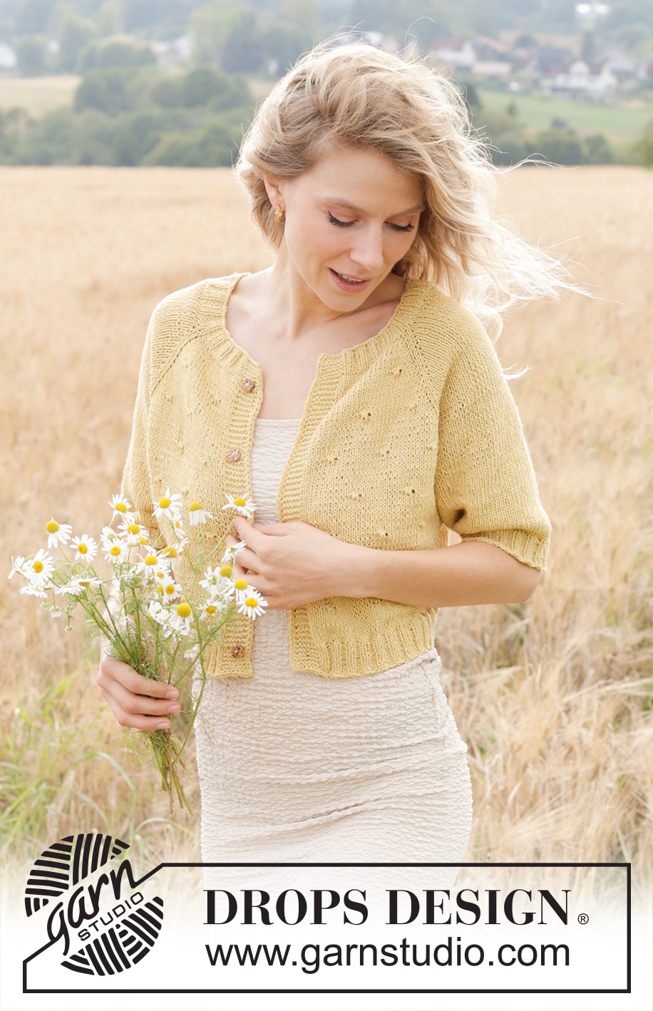 Dandelion Heart Cardigan / DROPS 249-20 - Knitted short-sleeved jacket in DROPS Belle. The piece is worked top down with raglan, relief-pattern and I-cord. Sizes S - XXXL.
