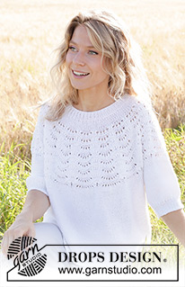 Peace Dove / DROPS 249-21 - Gebreide trui met ¾ mouwen in DROPS Belle of DROPS Cotton Light. Het werk wordt van boven naar beneden gebreid met ronde pas en golfpatroon op de pas. Maat: S - XXXL