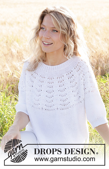 Peace Dove / DROPS 249-21 - Gebreide trui met ¾ mouwen in DROPS Belle of DROPS Cotton Light. Het werk wordt van boven naar beneden gebreid met ronde pas en golfpatroon op de pas. Maat: S - XXXL