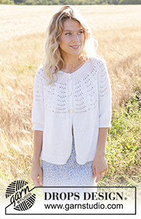 Peace Dove Cardigan / DROPS 249-22 - DROPS Belle või DROPS Cotton Light lõngast ülevalt alla kootud lainelise pitsmustriga ümara passega ja kolmveerand varrukatega suvine kardigan suurustele S kuni XXXL