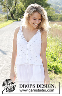 Freshwater Pearl Top / DROPS 249-24 - Strikket topp / vest i DROPS Cotton Light. Arbeidet strikkes ovenfra og ned med hullmønster på forstykkene og v-hals. Størrelse S - XXXL.