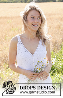 Freshwater Pearl Top / DROPS 249-24 - Strikket topp / vest i DROPS Cotton Light. Arbeidet strikkes ovenfra og ned med hullmønster på forstykkene og v-hals. Størrelse S - XXXL.