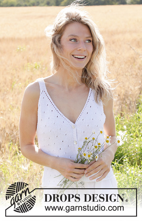 Freshwater Pearl Top / DROPS 249-24 - Strikket topp / vest i DROPS Cotton Light. Arbeidet strikkes ovenfra og ned med hullmønster på forstykkene og v-hals. Størrelse S - XXXL.
