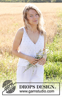 Freshwater Pearl Top / DROPS 249-24 - Strikket topp / vest i DROPS Cotton Light. Arbeidet strikkes ovenfra og ned med hullmønster på forstykkene og v-hals. Størrelse S - XXXL.