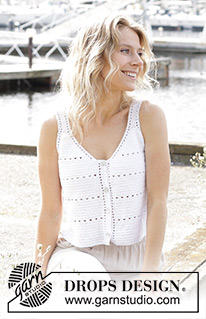 Moonstone Meadow / DROPS 249-26 - Hæklet top / singlet / vest i DROPS Safran. Arbejdet hækles oppefra og ned med stangmasker, hulmønster og V-hals. Størrelse S - XXXL.