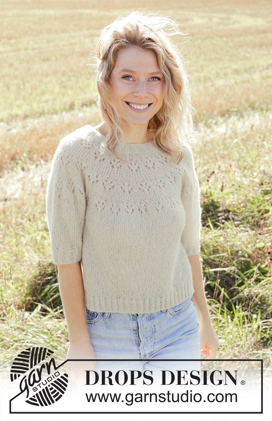 Spring Mist / DROPS 249-27 - Gestrickter Pullover in DROPS Brushed Alpaca Silk. Die Arbeit wird von oben nach unten mit Rundpasse, Lochmuster und kurzen Ärmeln gestrickt. Größe S - XXXL.