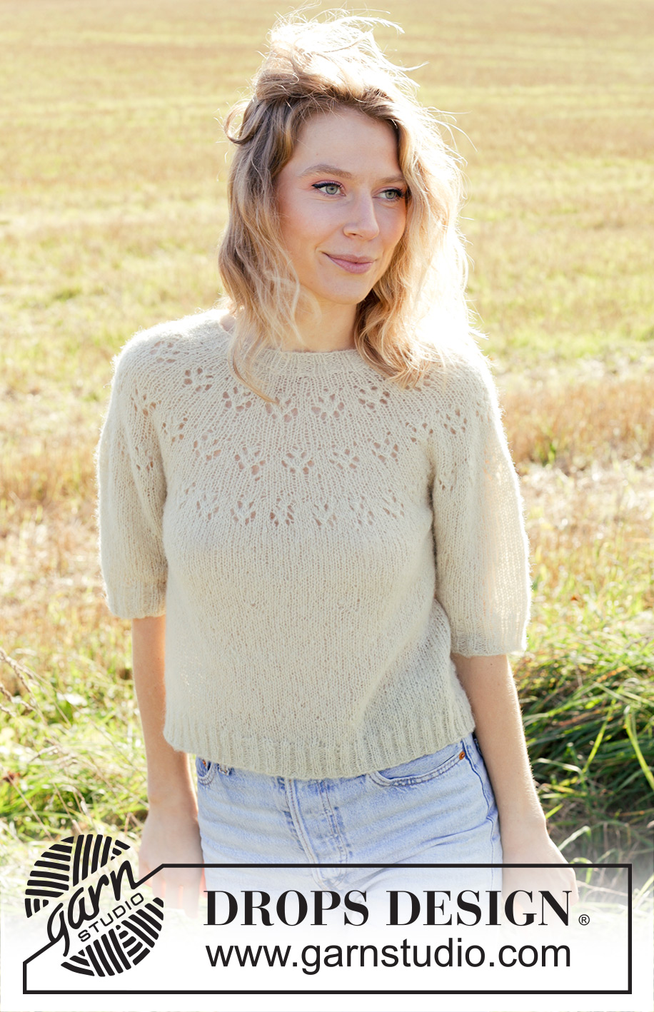 Spring Mist / DROPS 249-27 - Gestrickter Pullover in DROPS Brushed Alpaca Silk. Die Arbeit wird von oben nach unten mit Rundpasse, Lochmuster und kurzen Ärmeln gestrickt. Größe S - XXXL.
