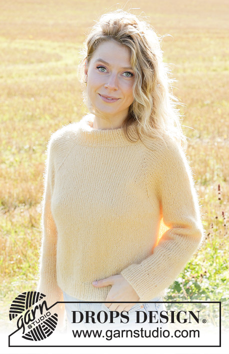 Lemon Glaze / DROPS 249-28 - Knitted jumper in 3 strands DROPS Kid-Silk. The piece is worked top down with stocking stitch, double neck and raglan. Sizes S - XXXL.