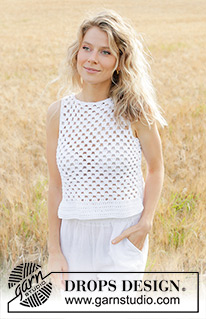 Checkmate Summer / DROPS 249-29 - Gehaakte top in DROPS Paris. Werk wordt van onder naar boven gehaakt met splitten in de zijkanten. Maat XS – XXXL.