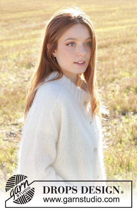 Moonrise Cardigan / DROPS 249-30 - Stickad kofta i 3 trådar DROPS Kid-Silk. Arbetet stickas nerifrån och upp, med sadelaxelökning, dubbel halskant, sprund i sidorna och i-cord. Storlek XS - XXL.