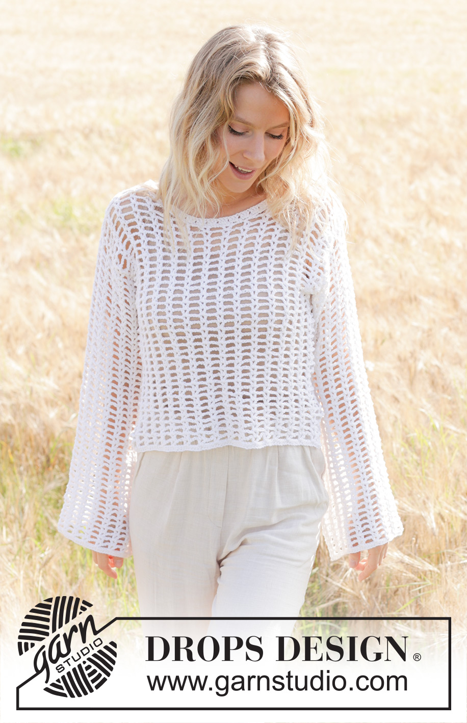 Moon Lace Sweater / DROPS 249-31 - Jersey a ganchillo en DROPS Belle. La pieza está realizada de abajo hacia arriba con patrón de calados y mangas anchas, cosidas. Tallas S – XXXL.
