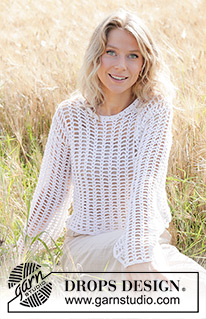 Moon Lace Sweater / DROPS 249-31 - Jersey a ganchillo en DROPS Belle. La pieza está realizada de abajo hacia arriba con patrón de calados y mangas anchas, cosidas. Tallas S – XXXL.