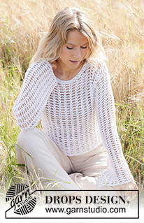 Moon Lace Sweater / DROPS 249-31 - Jersey a ganchillo en DROPS Belle. La pieza está realizada de abajo hacia arriba con patrón de calados y mangas anchas, cosidas. Tallas S – XXXL.