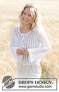 Moon Lace Cardigan / DROPS 249-32 - Crocheted jacket in DROPS Belle. The piece is worked bottom up with lace pattern and wide, sewn-in sleeves. Sizes S - XXXL.